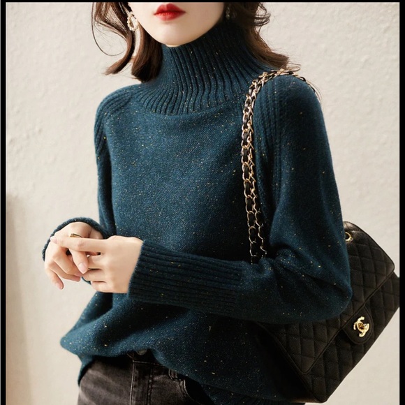 NWT Orwya Blue mock neck sweater with gold flecks, M (fits like an S) - Picture 4 of 10